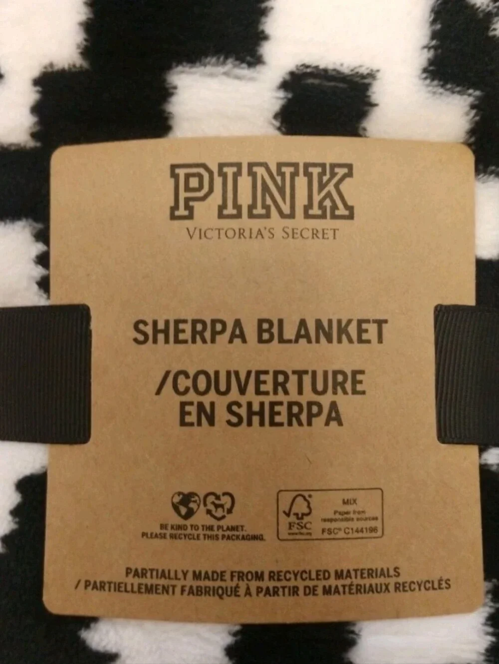 NWT Victoria's Secret VS PINK Sherpa Blanket Black White Peace Sign Throw 50x60